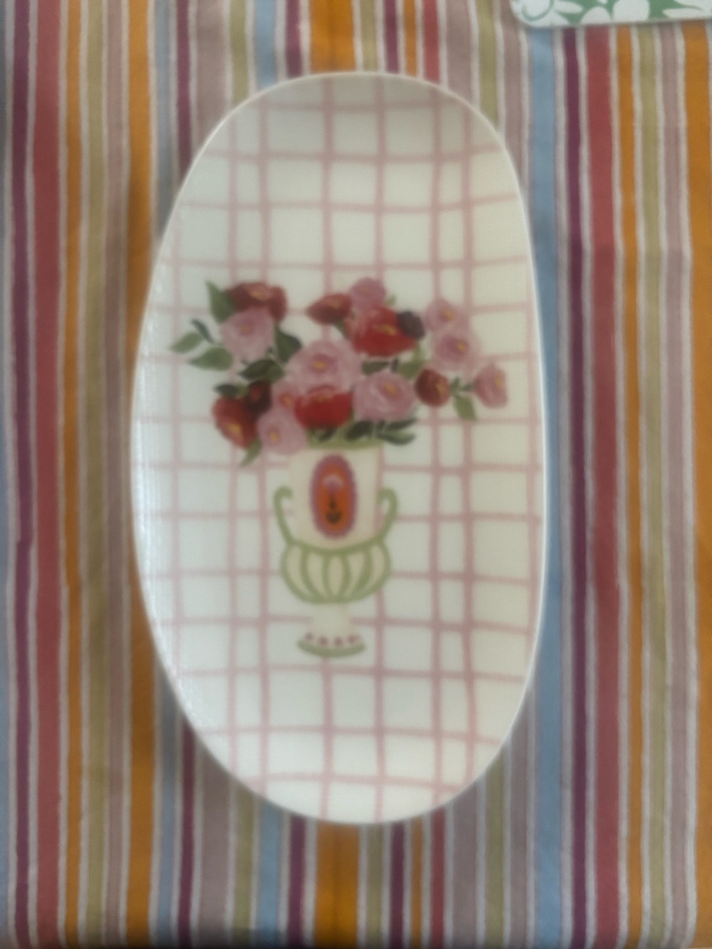 Floral Vase Pink Plaid Oval Serving Platter